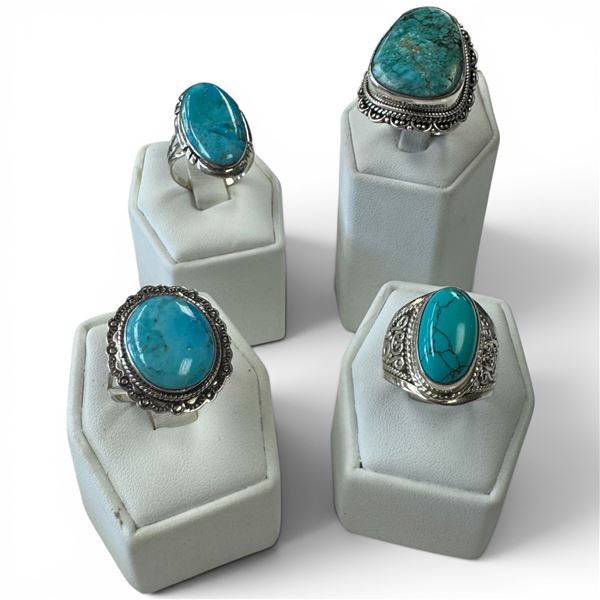 4 New Turquoise Rings * all stamped .925 *Longest ring  is 31mm * Total weight: 32 grams