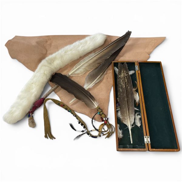 Group of Native American Ceremonial Items (Leather, beaded dance feather, smudge feathers and more)