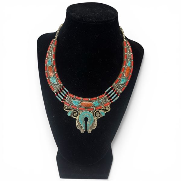 Tibetan Design Handmade Necklace With Turquoise And Coral Stones 16" Long - Stamped .925