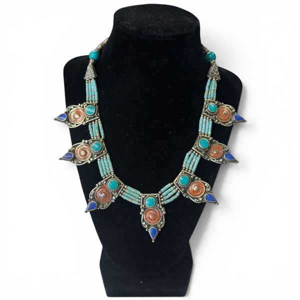 Tibetan Design Handmade Necklace With Turquoise And Coral Stones 17" Long  - Stamped .925