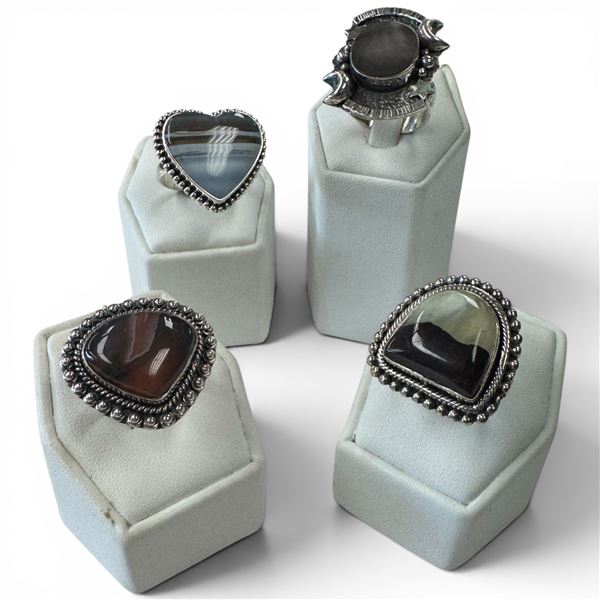 4 New Rings * all stamped .925 * (Jasper, Banded Agate, Abalone and Larimar) Longest ring  is 29mm *