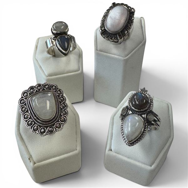 4 New Rings * all stamped .925 * (Labradorite, Moonstone, and Sodalite ) Longest ring  is 32mm * Tot
