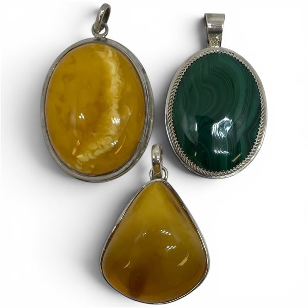 3 Sterling Silver Pendants (Malachite and Amber Resin) * Largest Pendant is 39 x 50 mm * Total weigh