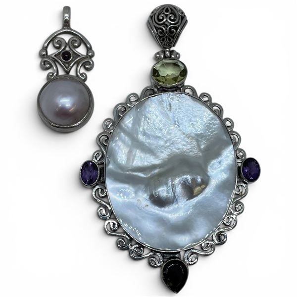2 Sterling Silver Pendants (Abalone, Faux Pearl, Abalone & Crystal) * Largest Pendant is 60 x 83 mm 