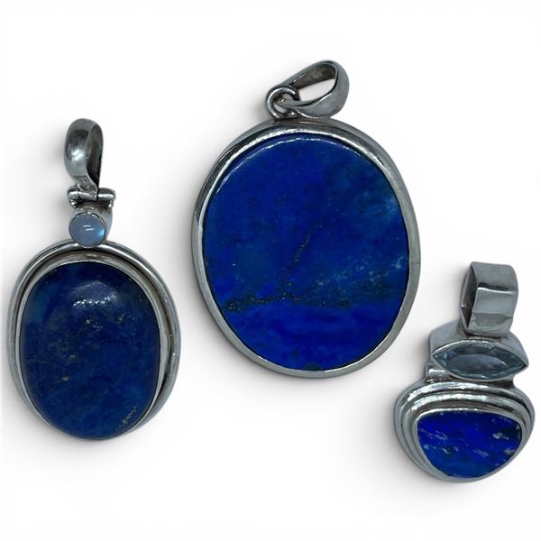 3 Sterling Silver Lapis & Crystal Pendants - Largest pendant is 35 x 43 mm - Total weight: 51 grams