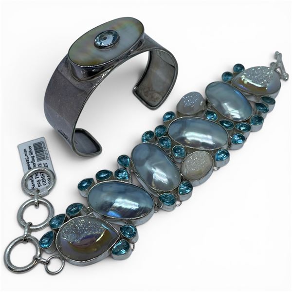 2 Sterling Silver Bracelets - (Druzy, Blue Crystal & Shell) - 1.5" wide toggle bracelet & 3/4" wide 