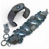 Image 1 : 2 Sterling Silver Bracelets - (Druzy, Blue Crystal & Shell) - 1.5" wide toggle bracelet & 3/4" wide 