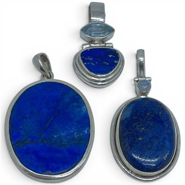 3 Sterling Silver Onyx & Topaz Crystal Pendants & One 24" Chain - Largest pendant is 55 x 30 mm - To