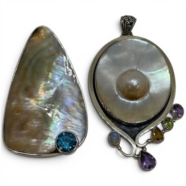 2 Sterling Silver Abalone & Crystal Statement Pendants - Largest pendant is 45 x 75mm - Total weight