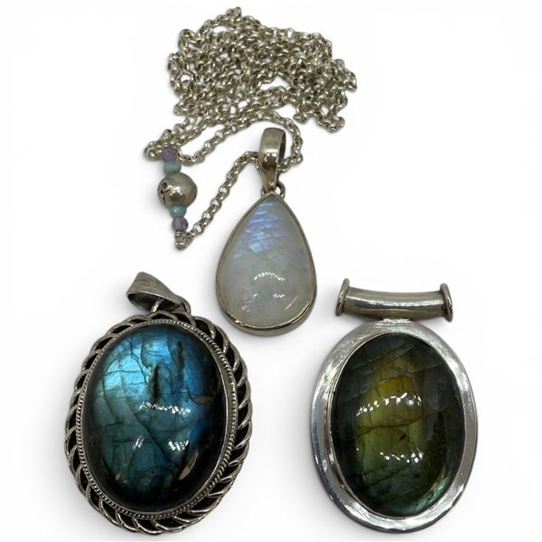 3 Sterling Silver Labradorite & Moonstone Pendants & One 30" Chain * Largest Pendant is 35 x 43mm * 