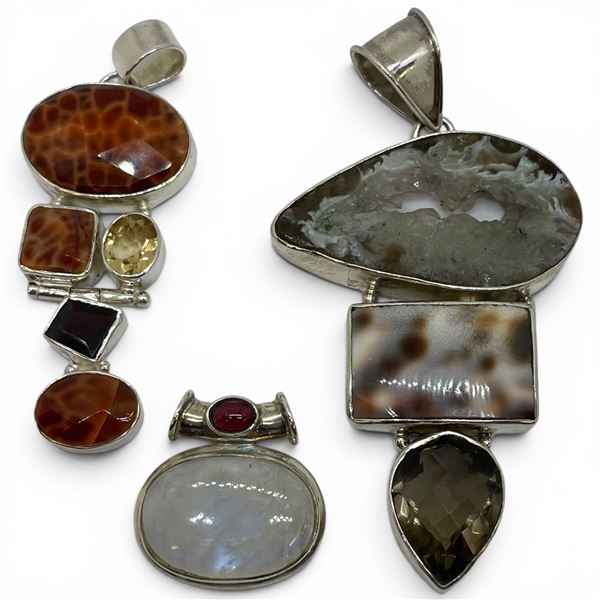 3 Sterling Silver Natural Gemstone & Crystal Pendants * Largest Pendant is 68 x 48mm * Total weight: