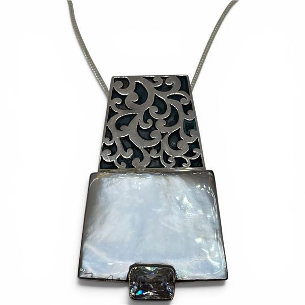 Sterling Silver Abalone & Crystal Statement Pendant on 24" Chain - Pendant is 48 x 77 mm * Total wei