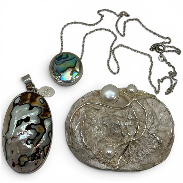 3 Sterling Silver Pendants (Pearl, Abalone & Shell)_& One 16" Chain * Largest Pendant is 56 x 43mm *