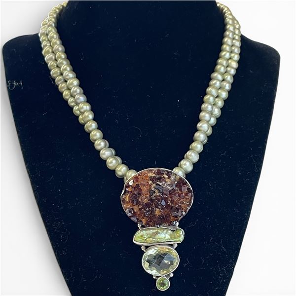 Green 6 mm Pearl Necklace with .925 Silver Citrine, Peridot Crystal & Pearl Enhancer Pendant  - Pend