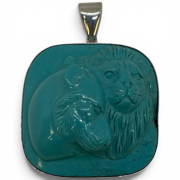 Large Sterling Silver Stabilized Turquoise High Relief Lion Pendant - 51 x 51mm x 20mm deep - Total 