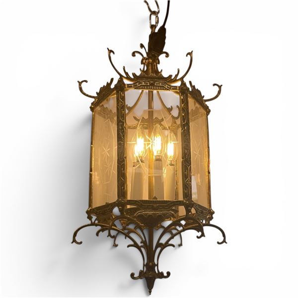 Vintage Hollywood Regency Style Hanging Electric Candle Lamp with Etched Glass - 22" x 12" diameter