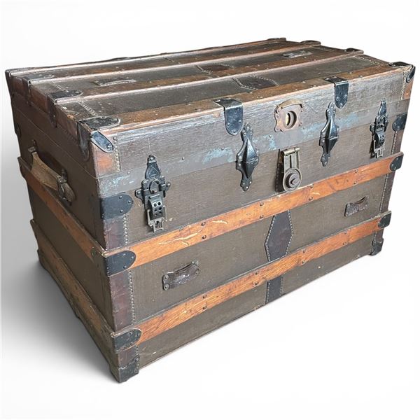 Vintage Wood Bound Steamer Trunk with Metal Hardware - 34" x 21" x 23" tall