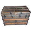 Image 2 : Vintage Wood Bound Steamer Trunk with Metal Hardware - 34" x 21" x 23" tall