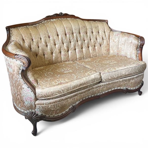 French Louis XV Style  Settee with Floral Damask Upholstery