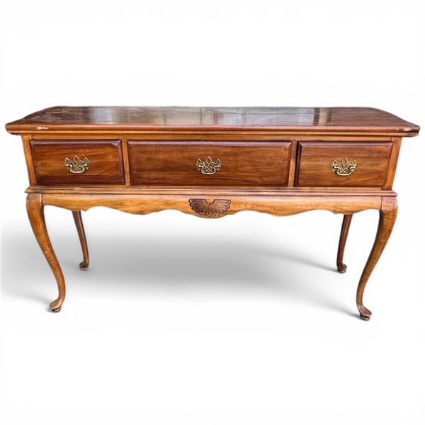 Queen Anne Style 3-Drawer Console with Ornate Brass Pulls and Scalloped Skirt (17" x 53" x 30" tall)