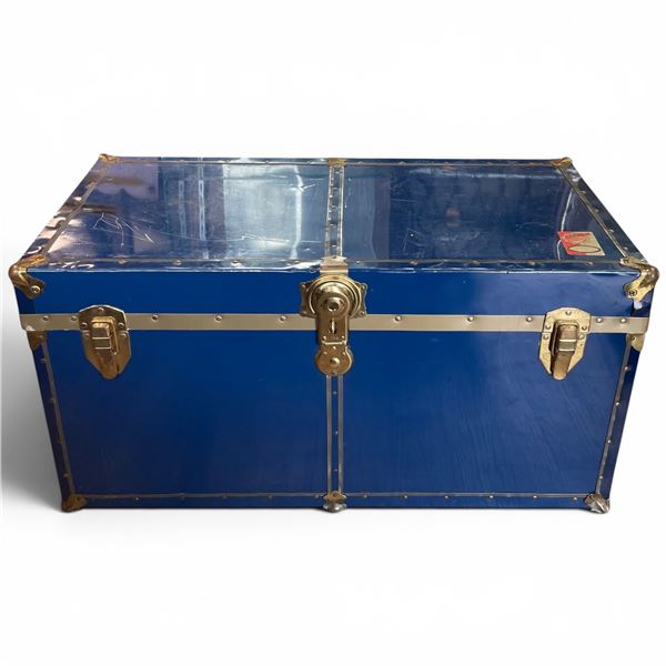 Vintage Blue Metal Clad Truck with Brass Hardware (17" x 34" x 18" tall)
