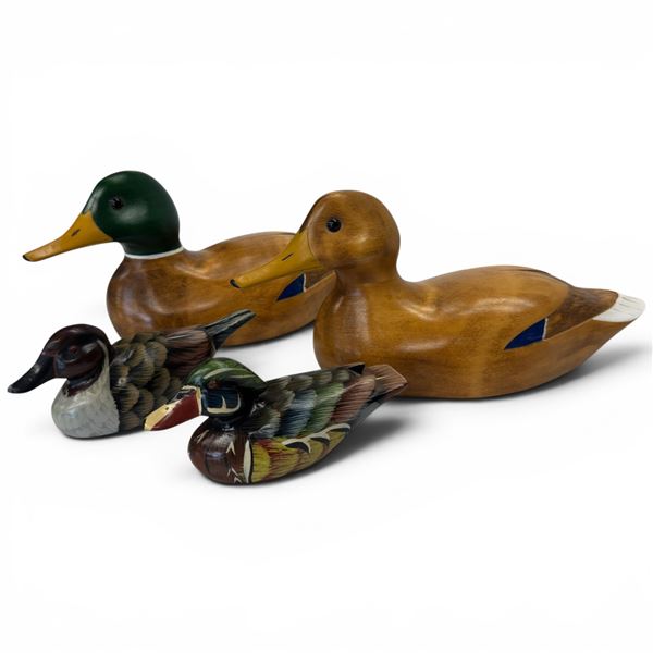 Flock of 4 Carved Wood Decorative Ducks - 2 are signed Island Decoys
