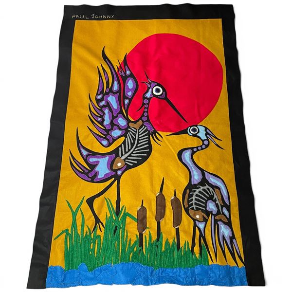 Original Paul Johnny Hand Stitched Flannel Wall Hanging with COA - First Nations Design (5' x 6') -C