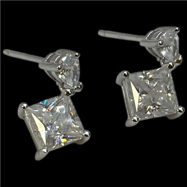 New Sterling Silver 2 CTW Moissanite Lab Diamond Dangle Earrings with White Gold Overlay -  SQ 5.5mm