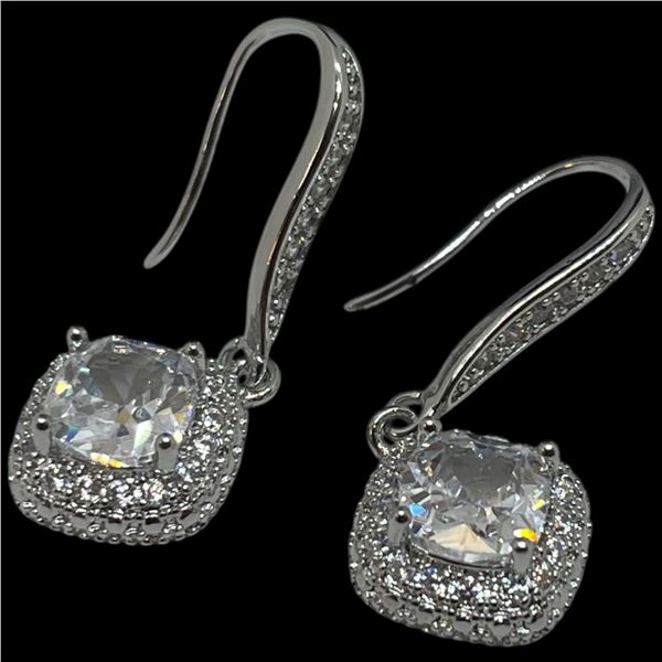 New Platinum Plated 1.6 CTW CZ Halo Earrings on Shepard Hooks  - 0.8 CTW Each