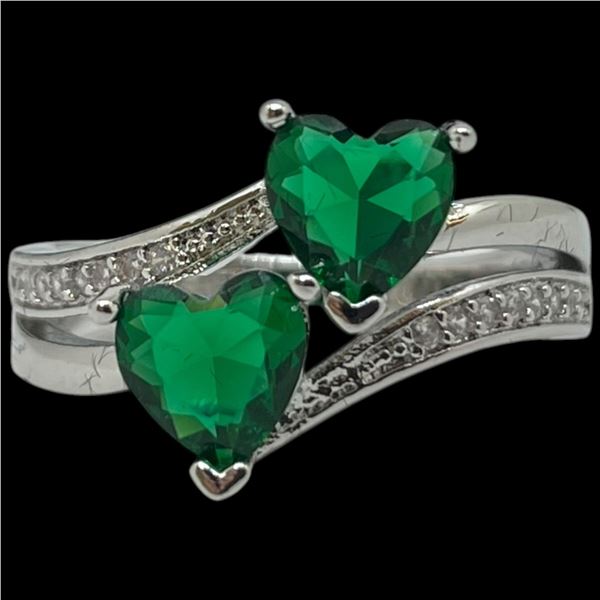 New Platinum Plated 1.0 CTW Double Heart Green CZ Diamond Ring with Channel Set CZ Band - Size 7