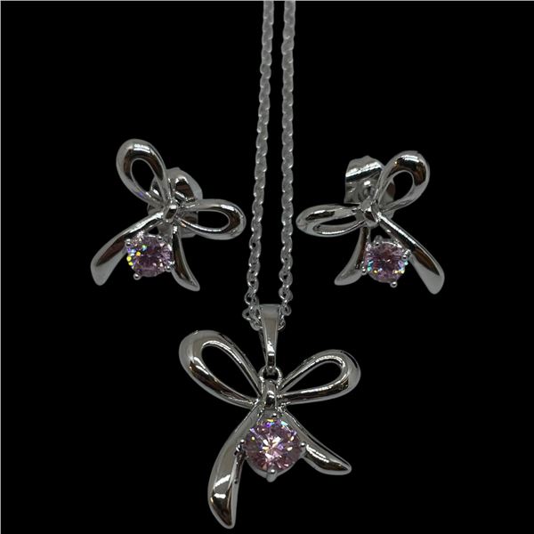 New Platinum Plated Pink CZ Bow Earrings and Necklace Set  - 0.9 CTW