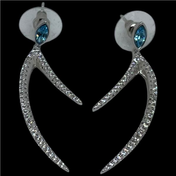 New Platinum Plated Marquise Cut Blue & Clear CZ Dangle Earrings -  50mm long