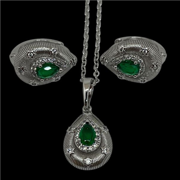 New Platinum Plated Green Pear Cut CZ Earrings and Necklace Set  - 1.5 CTW