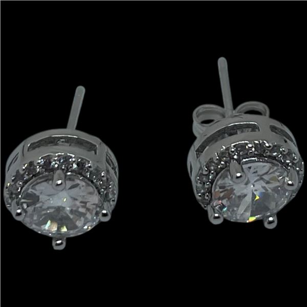 New Platinum Plated 1.6 CTW CZ Halo Stud Earrings   - 0.8 CTW Each