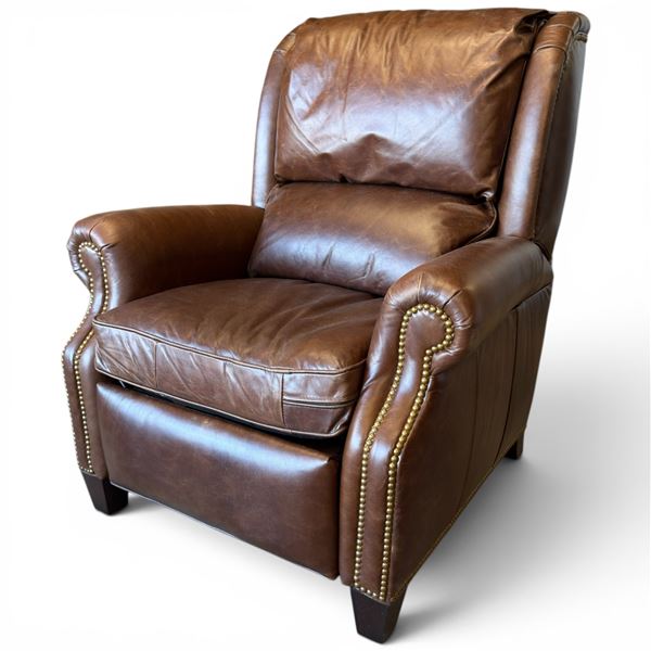 Overstuffed Brown Leather Recliner with Brass Nailhead Accents