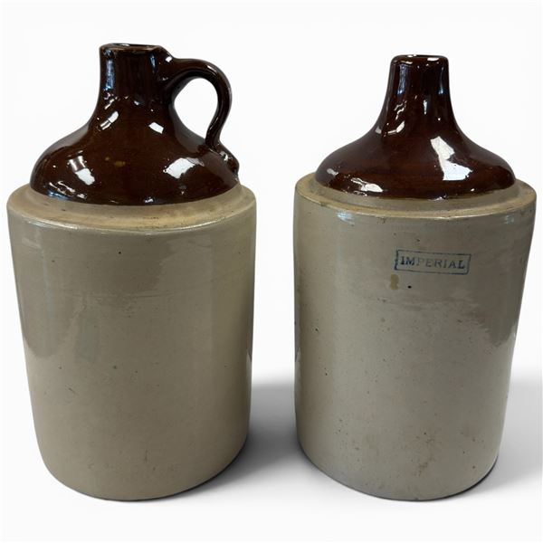 Early 20th Century Canadian Two-Tone Stoneware Liquor Jugs: One "Imperial" Marked, Lot of 2