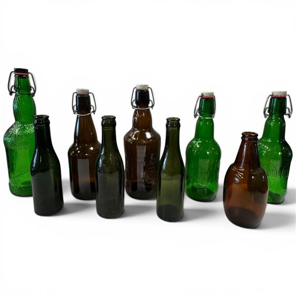 Collection of 9 Vintage European & Canadian Beer Bottles: Grolsch, Fischer Alsace, Carling & More