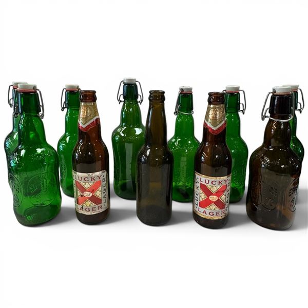 Lot of 10 Vintage Beer Bottles: Grolsch Swing-Tops, Lucky Lager, & Early Amber