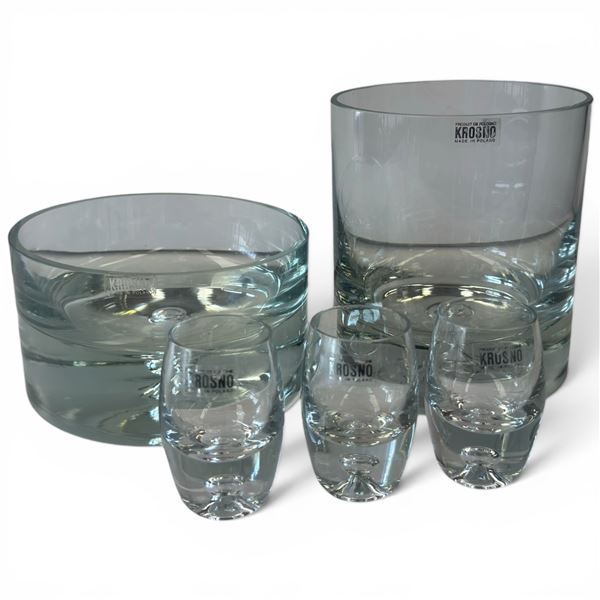 Krosno Crystal Polish Art Glass Bowls, Vases & Tumbler Set "Produit De Pologne" 5 Pieces