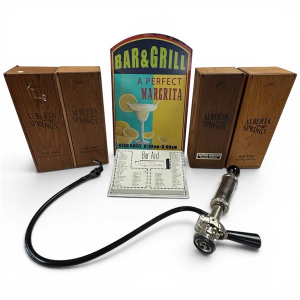 Bar Lot: Alberta Springs Whisky Wood Boxes, Beer Tap, Bar & Grill Sign, "Bar Aid" Cocktail Finder