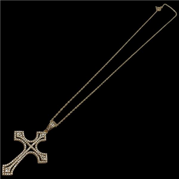 New 18KT Gold Plated CZ Cross Pendant  Necklace - Cross is 28mm x 40mm - 18" chain