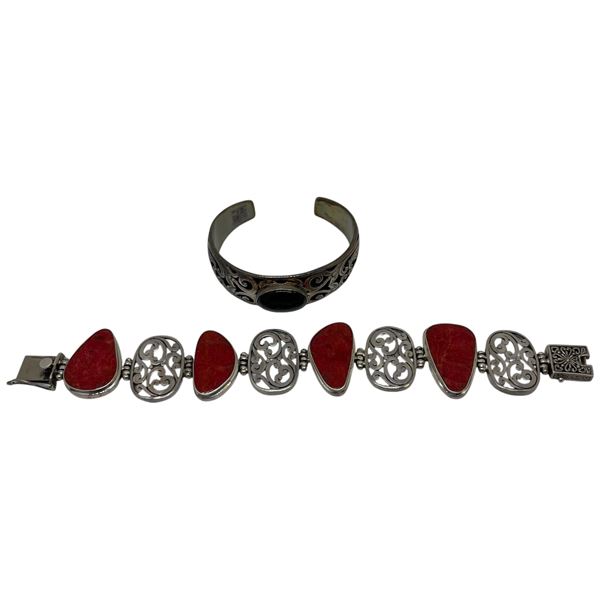 2 Sterling Silver with Natural Stone Bracelets (3/4 wide cuff bracelet & 1.25" wide bracelet with bo