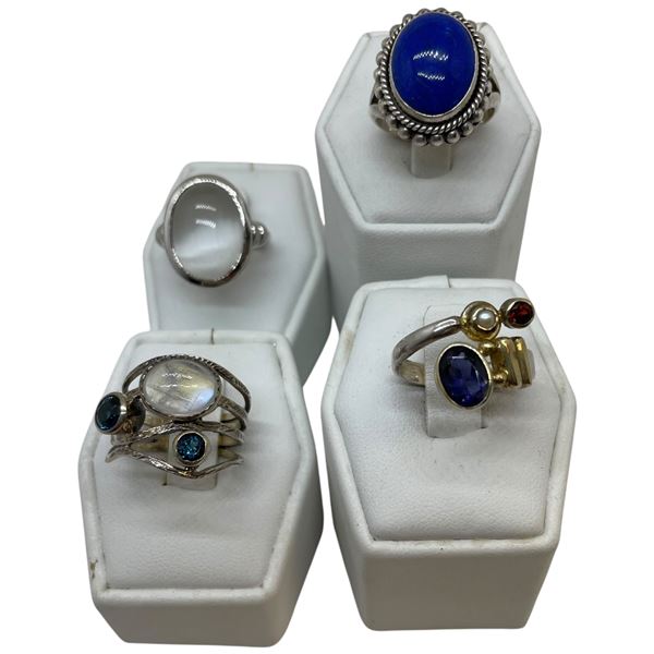 4 Natural Gemstone & Crystal Rings Stamped .925 (Moonstone, Lapis, Crystal & More) Widest ring face