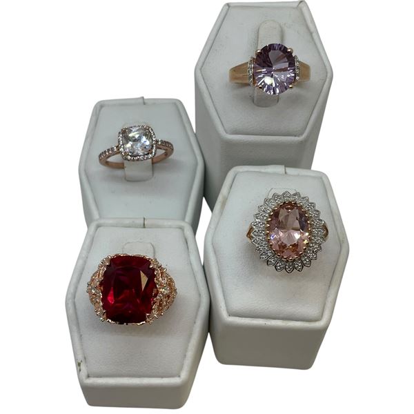 4 Rose Gold Plated Coloured & Clear Crystal Diner Rings Stamped .925-  Widest ring face is 17 mm * T
