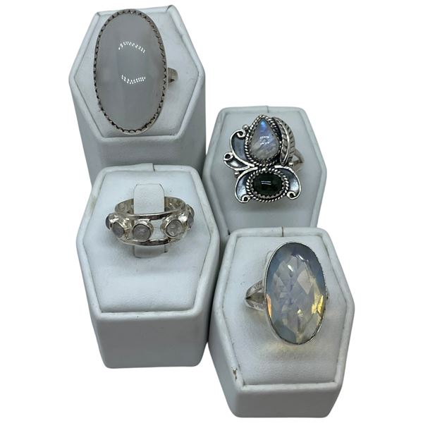 4 New Rings * all stamped .925 * (White Agate, Moonstone, Black Onyx)  Longest ring  is 32mm * Total