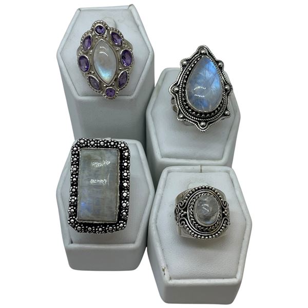 4 New Rings * all stamped .925 * (Moonstones, Amethyst and Quartz Crystal)  Longest ring  is 35 mm *