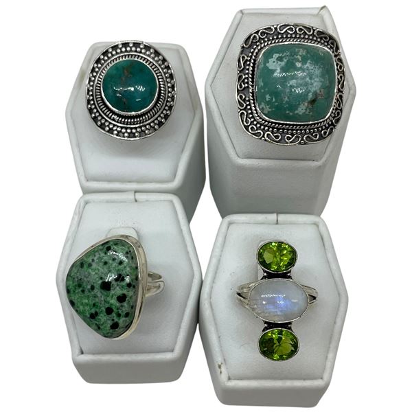 4 New Rings * all stamped .925 * (Zoisite, Emerald Crystal, Amazonite and More)  Longest ring  is 28