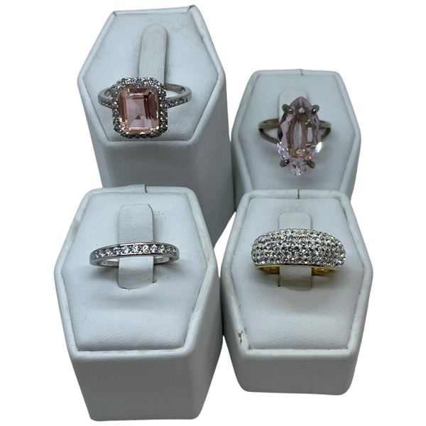 4 Rings Stamped .925 - Like New (CZ, Pink and Clear Crystals) - Widest ring face is 21 mm * Total we