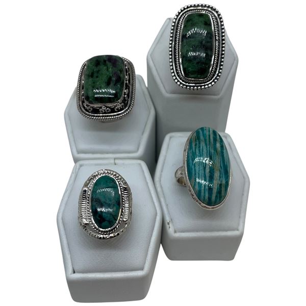 4 New Rings * all stamped .925 * (Ruby Zoisite and Amazonite)  Longest ring  is 31mm * Total weight: