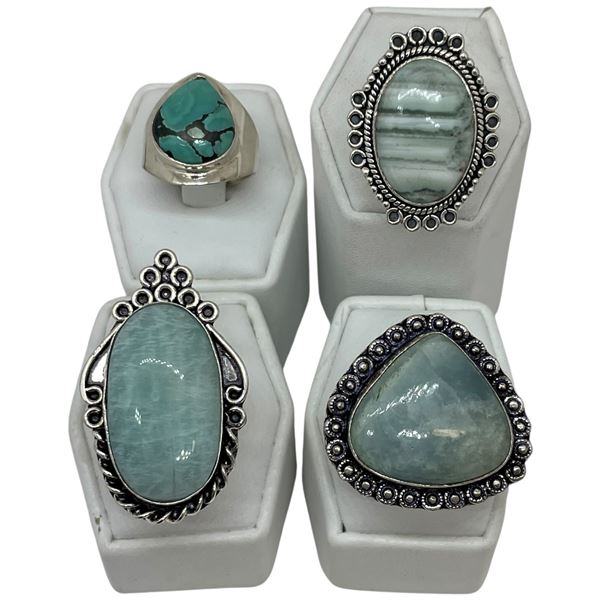 4 New Rings * all stamped .925 * (Turquoise, Amazonite, Banded Agate & Guatemalan Jade)  Longest rin